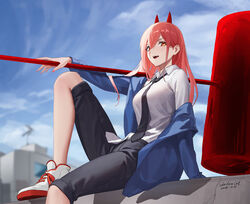  black_necktie black_pants blue_sky breasts chainsaw_man cloud female hammer hemokinesis highres holding holding_hammer huge_weapon knee_up long_hair necktie pants pink_hair power_(chainsaw_man) red_eyes shadow_cat_(yingmiao) shirt shirt_partially_tucked_in shoes sitting sky sneakers solo weapon white_shirt 