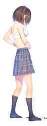  a.x. absurdres bare_arms bare_shoulders black_socks bra breasts brown_hair female from_side full_body grey_skirt highres kneehighs md5_mismatch medium_breasts no_shoes original plaid plaid_skirt pleated_skirt short_hair simple_background skirt socks solo standing underwear white_background white_bra 