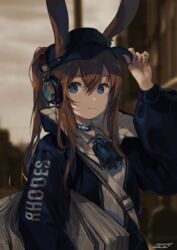  absurdres adjusting_clothes adjusting_headwear amiya_(arknights) amiya_(newsgirl)_(arknights) animal_ears arknights ascot bad_id bad_pixiv_id black_hat blue_ascot blue_choker blue_eyes blue_jacket brown_hair choker commentary female hand_up hat headphones highres jacket jewelry long_hair long_sleeves looking_at_viewer multiple_rings newspaper nys official_alternate_costume ponytail rabbit_ears ring shirt shoulder_strap solo upper_body white_shirt 