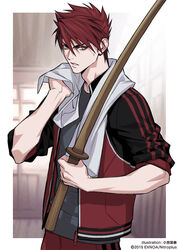  1boy commentary_request grey_eyes jacket komiya_kuniharu male_focus official_art ookanehira_(touken_ranbu) parted_lips red_hair sleeves_rolled_up spiked_hair sword touken_ranbu towel towel_around_neck track_jacket weapon wooden_sword 