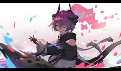  0shino bare_shoulders black_gloves black_shirt blue_eyes blurry blurry_foreground clothing_cutout commentary_request depth_of_field eyebrows_hidden_by_hair female gloves hair_between_eyes honkai_(series) honkai_impact_3rd letterboxed long_sleeves looking_at_viewer parted_lips partial_commentary pink_hair rozaliya_olenyeva rozaliya_olenyeva_(fervent_tempo) see-through shirt short_eyebrows shoulder_cutout solo thick_eyebrows wide_sleeves 