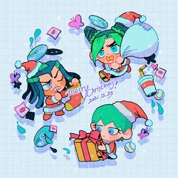  3girls baseball braid bug butterfly cd chibi christmas closed_mouth cup disposable_cup double_bun dreadlocks english_text ermes_costello expressionless film_grain foo_fighters gift green_hair grid_background hair_ornament hat highres jojo_no_kimyou_na_bouken kiss_(stand) kujo_jolyne long_hair multiple_girls natchan_blue_(nanairopenki) open_mouth sack santa_costume santa_hat short_hair sparkle stone_ocean water_drop 