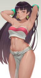  alternate_skin_color armpits arms_behind_head arms_up black_hair bracelet breasts brown_eyes chel_(the_road_to_el_dorado) cheshirrr collarbone commentary cowboy_shot crop_top earrings female gradient_background highres jewelry lips loincloth long_hair looking_at_viewer medium_breasts midriff mole mole_under_eye navel parted_lips pelvic_curtain presenting_armpit seductive_smile shiny_skin simple_background smile solo strapless tan the_road_to_el_dorado thighs tube_top very_long_hair 