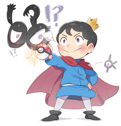  !? 1boy black_footwear black_hair blue_shirt blush bojji boots chinese_commentary closed_mouth commentary_request crossover crown grey_eyes hand_on_own_hip holding holding_poke_ball kage_(ousama_ranking) male_focus mini_crown ousama_ranking pants poke_ball poke_ball_(basic) pokemon pokemon_(creature) shirt smile standing ter_(otokoter) unown unown_! unown_? unown_k white_background white_pants 