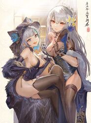  2girls azur_lane breasts brown_thighhighs cheshire_(azur_lane) cheshire_(cait_sith_crooner)_(azur_lane) china_dress chinese_clothes cleavage cloak commentary dress elbow_gloves flower gloves grey_hair hair_flower hair_ornament hat highres long_hair looking_at_viewer medium_breasts messikid microphone mole mole_under_eye multicolored_hair multiple_girls oerba_yun_fang official_alternate_costume open_mouth red_eyes saint-louis_(alluring_administrator)_(azur_lane) saint-louis_(azur_lane) see-through see-through_cleavage short_hair smile thighhighs thighs traditional_media translated two-tone_hair 