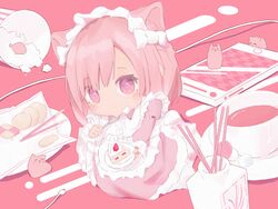  absurdres animal_ear_fluff animal_ears apron arisaki_(cnxy7525) bad_id bad_pixiv_id blush bow cable cake cake_slice cat_ears cat_girl cellphone chibi commentary cookie cup dress eating female food fork hairbow highres holding holding_cake holding_food looking_at_viewer maid maid_apron maid_headdress medium_hair mitsurugi_lia oversized_food oversized_object phone pink_dress pink_eyes pink_hair pink_theme pocky popcorn smartphone solo strawberry_shortcake sugar_cube sweets utensil_in_mouth virtual_youtuber wactor_production white_bow 