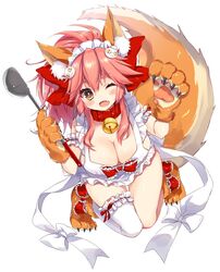  ;d animal_ear_fluff animal_ears animal_hands apron bell blush_stickers breasts cat_hair_ornament claws cleavage collar fate/grand_order fate_(series) female fox_ears fox_tail full_body gloves hair_ornament highres holding honoka_chiffon ladle large_breasts long_hair looking_at_viewer maid_headdress naked_apron neck_bell oerba_yun_fang one_eye_closed open_mouth paw_gloves paw_shoes pink_hair red_collar ringed_eyes shoes simple_background single_thighhigh skin_fang smile solo tail tamamo_(fate) tamamo_cat_(fate) tamamo_cat_(third_ascension)_(fate) thighhighs white_background white_thighhighs yellow_eyes 