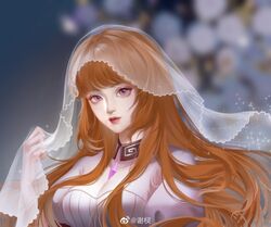  brown_hair collar douluo_dalu dress female gem hair_undone highres long_hair looking_at_viewer pink_dress pink_eyes solo sparkle upper_body veil xiao_wu_(douluo_dalu) xie_ling 