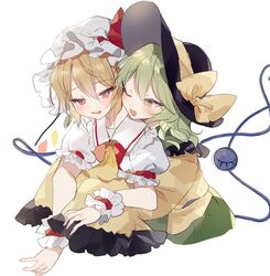  2girls ;d ascot black_headwear blonde_hair bow commentary_request flandre_scarlet green_eyes green_hair hat hat_bow hat_ribbon highres komeiji_koishi long_sleeves multiple_girls one_eye_closed puffy_short_sleeves puffy_sleeves red_eyes ribbon short_hair short_sleeves simple_background smile sorani_(kaeru0768) third_eye touhou white_background white_headwear wide_sleeves wrist_cuffs yellow_ascot yellow_bow yuri 