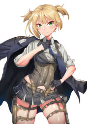  absurdres adjusting_clothes adjusting_necktie belt black_gloves blue_necktie bolt_action breasts coat coat_on_shoulders commentary corset covered_navel english_commentary female girls&#039;_frontline gloves green_eyes gun hand_on_own_hip handgun head_out_of_frame highres hip_vent hitch_(perotoss) holster insignia medium_breasts military military_rank_insignia military_uniform miniskirt navel necktie pinstripe_pattern pinstripe_vest shirt short_hair skindentation skirt sleeves_rolled_up solo striped_clothes striped_shirt striped_skirt striped_vest thick_thighs thigh_holster thigh_strap thighs two_side_up uniform vertical-striped_clothes vertical-striped_shirt vertical-striped_vest vest weapon welrod welrod_mkii_(girls&#039;_frontline) white_background 