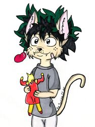  alternate_species black_hair clothing doll domestic_cat felid feline felis full-length_portrait furrification glistening_heart green_hair grey_clothing grey_shirt grey_topwear hair heart_symbol hi_res holding_doll holding_object inanimate_object izuku_midoriya mammal my_hero_academia painting_(artwork) pastel_(artwork) pen_(artwork) portrait selinatc shirt solo topwear toshinori_yagi traditional_media_(artwork) watercolor_(artwork) 