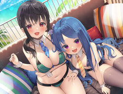  2girls absurdres asa_no_ha_(awayuki) bare_arms bare_shoulders between_breasts bikini black_hair blue_hair breast_hold breasts brown_thighhighs cleavage couch day detached_collar dutch_angle green_bikini hair_ornament hair_over_shoulder hair_ribbon hairclip halterneck hand_on_another&#039;s_thigh hand_up highres holding large_breasts leaning_forward long_hair looking_at_viewer mimikaki multiple_girls navel necktie necktie_between_breasts non-web_source oerba_yun_fang on_couch one_side_up open_mouth original outdoors parted_bangs pillow purple_bikini purple_eyes red_eyes ribbon sidelocks sitting small_breasts smile stomach strap_gap string_bikini striped_necktie swimsuit thighhighs thighs wing_collar wrist_cuffs 