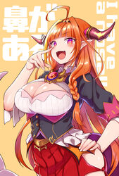  ahoge black_hairband black_jacket blonde_hair blunt_bangs blush bow braid breasts brooch chain_necklace chains cleavage cleavage_cutout clothing_cutout collared_shirt commentary_request cowboy_shot diagonal-striped_bow diagonal_stripes dragon_girl dragon_horns dragon_tail dragon_wings english_text fangs female fingernails gem hair_ornament hairband hand_on_own_hip hand_up highres hip_vent hololive horn_bow horn_ornament horns jacket jewelry kiryu_coco kiryu_coco_(1st_costume) konboi-eg large_breasts long_hair looking_at_viewer miniskirt multicolored_eyes multicolored_hair necklace open_mouth orange_hair pleated_skirt pointing pointy_ears purple_eyes red_eyes red_skirt scales shirt side-tie_skirt simple_background single_braid skirt slit_pupils smile smug solo streaked_hair striped striped_bow tail text_background text_focus translated very_long_hair virtual_youtuber white_shirt wings yellow_background 