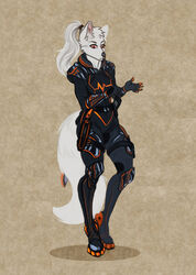  2022 5_fingers anthro arctic_fox armor belt black_nose bodysuit boots breasts canid canine carbon_fiber cinnameana clothed clothing combat_knife digital_media_(artwork) female fingers footwear fox fur gloves hair handwear hi_res humanoid_hands inner_ear_fluff knife looking_down mammal murmur_(slanda) ponytail red_eyes skinsuit solo standing tight_clothing true_fox tuft white_body white_fur white_hair 