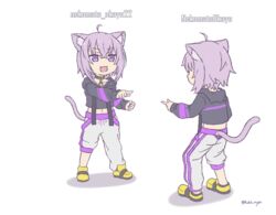  2girls ahoge animal_ear_fluff animal_ears apex_legends cat_ears cat_girl cat_tail commentary dual_persona hair_between_eyes hololive hood hoodie kukie-nyan long_sleeves marvel meme multiple_girls nekomata_okayu nekomata_okayu_(1st_costume) open_mouth parody pointing pointing_at_another pointing_spider-man_(meme) purple_eyes purple_hair short_hair smile spider-man_(series) tail username_tag virtual_youtuber 