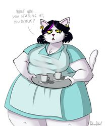  anthro apron belly beverage big_breasts black_hair breasts catti_(deltarune) cleavage clothed clothing container cup deltarune dialogue domestic_cat dress ear_piercing ear_ring english_text felid feline felis female fully_clothed fur hair half-closed_eyes highlights_(coloring) huge_thighs mammal narrowed_eyes open_mouth overweight overweight_anthro overweight_female piercing platter professordoctorc purple_highlights ring_piercing simple_background solo speech_bubble text thick_thighs undertale_(series) waiter waitress_uniform whiskers white_body white_fur wide_hips yellow_sclera 