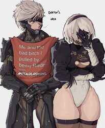  1boy 2b_(nier:automata) black_gloves black_hairband black_thighhighs breasts clothing_cutout color_connection company_connection copyright_name crossover cyborg embarrassed english_text facepalm female gloves grey_background grey_eyes grey_hair hair_color_connection hairband hand_on_hilt highres juliet_sleeves leotard logo long_sleeves me_and_the_bad_bitch_i_pulled_by_being_autistic_(meme) medium_breasts meme metal_gear_(series) metal_gear_rising:_revengeance nier:automata nier_(series) one_eye_covered open_mouth platinumgames_inc. power_connection puffy_sleeves raiden_(metal_gear) red_shirt science_fiction shirt skindentation sleeveless sleeveless_shirt sweatdrop sword thick_thighs thighhighs thighs toned toned_female trait_connection underboob underboob_cutout weapon white_leotard wide_hips yoracrab 