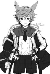  1boy animal_ears arknights bishounen closed_mouth fingerless_gloves gloves greyscale hair_between_eyes id_card jacket leonhardt_(arknights) male_focus monochrome nagu necktie open_clothes open_jacket rabbit_boy revision short_hair shorts signature simple_background smile solo white_background 