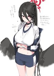  akinashi_yuu black_choker black_hair black_wings blue_archive blue_jacket blue_shorts breasts choker feathered_wings female flying_sweatdrops gym_uniform hair_between_eyes halo hasumi_(blue_archive) hasumi_(track)_(blue_archive) highres jacket large_breasts long_hair long_sleeves low_wings official_alternate_costume open_clothes open_jacket red_eyes short_shorts shorts simple_background solo sweat translation_request very_long_hair white_background wings 