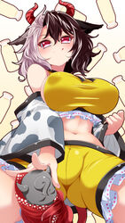  :p animal_ears animal_print black_hair bottle breasts commentary_request covered_nipples cow_ears cow_horns cow_print cow_tail crop_top female frilled_shorts frills from_below grey_hair haori highres horns japanese_clothes large_breasts milk_bottle muchin_jousha multicolored_hair navel red_eyes red_horns red_tail shorts smile solo split-color_hair statue tail tongue tongue_out touhou two-tone_hair ushizaki_urumi wily_beast_and_weakest_creature yellow_shorts 