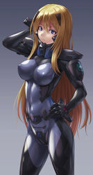  alternate_costume armored_bodysuit baldr_sky blonde_hair blue_background blue_eyes bodysuit breasts commentary_request covered_navel covered_nipples female fortified_suit gradient_background hand_on_own_head hand_on_own_hip headgear highres impossible_bodysuit impossible_clothes kirishima_rain kurione_(zassou) large_breasts long_hair looking_at_viewer muv-luv muv-luv_alternative shiny_clothes skin_tight solo standing 