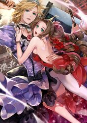  1boy aerith_gainsborough aerith_gainsborough_(red_dress) aqua_eyes backless_dress backless_outfit bare_shoulders bo_staff bracelet breasts buster_sword cheering choker cloud_strife cloud_strife_(ball_gown) colosseum couple crossdressing crowd dress earrings female fighting_stance final_fantasy final_fantasy_vii final_fantasy_vii_remake flamenco_dress flower frilled_dress frills green_eyes hair_flower hair_ornament hair_ribbon halu-ca hand_on_another&#039;s_back hand_on_another&#039;s_chest highres holding holding_sword holding_weapon jewelry long_hair materia medium_breasts medium_hair nail_polish necklace official_alternate_costume open_mouth pantyhose parted_bangs pendant_choker purple_dress red_dress ribbon ribbon_choker ringlets sidelocks spiked_hair staff straight sword teeth tiara upper_teeth_only wavy_hair weapon 