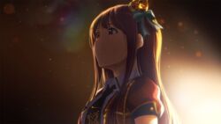  backlighting black_necktie bow brown_hair closed_mouth crown female from_side green_bow hairbow highres idol idol_clothes idolmaster idolmaster_million_live! idolmaster_million_live!_theater_days long_hair mini_crown narumi_nanami necktie puffy_short_sleeves puffy_sleeves red_eyes shiny_trinity_(idolmaster) short_sleeves solo tanaka_kotoha upper_body 