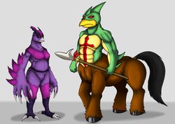  absurd_res anthro avian centaur_(monster_rancher) claws duo equid equid_taur evilbeak_(monster_rancher) exelzior female fetlocks hi_res hooves humanoid_taur male mammal mammal_taur melee_weapon monster_farm nahum_(legion_beast) phoenix_(evilbeak) polearm raiden_(monster_rancher) scar sniper_(monster_rancher) spear story story_in_description taur tecmo toe_claws unguligrade weapon 