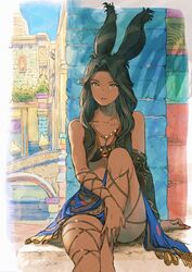  animal_ears bikini bikini_top_only black_bikini black_hair blue_sarong breasts brown_eyes cleavage colorful commentary dark-skinned_female dark_skin day expressionless eyelashes feet_out_of_frame female final_fantasy final_fantasy_xiv forehead highres jewelry knee_up kuroimori long_hair looking_at_viewer medium_breasts nail_polish necklace outdoors parted_bangs parted_lips rabbit_ears red_nails sarong signature sitting solo swimsuit viera warrior_of_light_(ff14) 