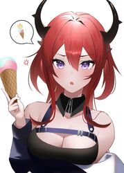  arknights bad_id bad_twitter_id black_dress blush breast_rest breasts demon_horns detached_collar dress female food horns ice_cream jacket long_hair off_shoulder purple_eyes red_hair ryuya sleeveless sleeveless_dress solo surtr_(arknights) upper_body 