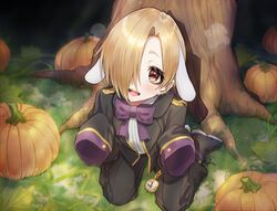  animal_ears applepie_(12711019) bags_under_eyes blonde_hair commentary_request ear_piercing female hair_over_one_eye highres idolmaster idolmaster_cinderella_girls idolmaster_cinderella_girls_starlight_stage open_mouth piercing pocket_watch pumpkin purple_ribbon rabbit_ears ribbon shirasaka_koume sleeves_past_fingers sleeves_past_wrists solo tree watch yellow_eyes 