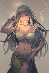  beige_background bracelet breasts choker circlet cithis coin_(ornament) commentary_request contrapposto cowboy_shot dark-skinned_female dark_elf dark_skin dungeon_meshi elf facial_mark female forehead_mark glowing green_skirt grey_hair highres holding holding_wand jack_(haist) jewelry large_breasts long_hair looking_at_viewer magic midriff notched_ear pointy_ears purple_nails side_slit simple_background skirt slit_pupils smile solo standing wand yellow_eyes 