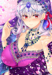  alternate_costume blush breasts circlet cleavage closed_mouth earrings fate/grand_order fate_(series) female grey_hair hair_ribbon hatori_mia highres indian_clothes jewelry kama_(fate) large_breasts long_hair looking_at_viewer midriff necklace petals red_eyes ribbon sari sash smile solo space star_(sky) veil 