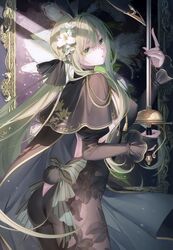  absurdres animal_ears ass black_capelet blunt_bangs bodysuit bow breasts bridal_gauntlets capelet female floating_hair floral_print flower from_side green_eyes green_hair hair_flower hair_ornament highres holding holding_sword holding_weapon lily_(flower) lily_print long_hair long_sleeves looking_at_viewer looking_down low_twintails medium_breasts mole mole_under_eye mole_under_mouth original parted_lips rabbit_ears rapier scan see-through see-through_bodysuit solo striped striped_bow sunlight sword toosaka_asagi twintails very_long_hair weapon white_flower 