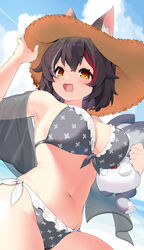  :3 absurdres animal_ears bikini black_hair breasts cowboy_shot cross_print dutch_angle ears_through_headwear female frilled_bikini frills grey_bikini hat highres hololive large_breasts looking_at_viewer miofa_(ookami_mio) multicolored_hair ocean official_alternate_costume ookami_mio open_mouth red_hair short_hair straw_hat streaked_hair swimsuit virtual_youtuber white_hair wolf_ears xiaodong327399 yellow_eyes 