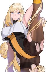  arm_up armpits bad_id bad_twitter_id bare_shoulders blonde_hair blue_eyes breasts closed_eyes covered_nipples female flower guilty_gear hair_between_eyes highres kyou_(ningiou) large_breasts leg_up leggings long_hair millia_rage simple_background solo split standing standing_on_one_leg standing_split torn_clothes white_background 