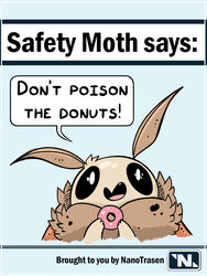  3:4 ambiguous_gender anthro arthropod aspev big_eyes daww dessert dialogue doughnut english_text food hi_res insects lepidopteran looking_at_viewer moth nanotrasen open_mouth pastry poster poster_template public_service_announcement safety_moth simple_background smile solo space_station_13 speech_bubble text tongue 