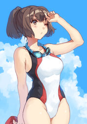  blue_sky breasts brown_eyes brown_hair cloud commentary_request competition_swimsuit day female goggles goggles_around_neck hair_ribbon ise_(kancolle) kantai_collection large_breasts looking_up mitsuyo_(mituyo324) multicolored_clothes multicolored_swimsuit one-piece_swimsuit ponytail ribbon short_hair sky solo swimsuit white_one-piece_swimsuit 