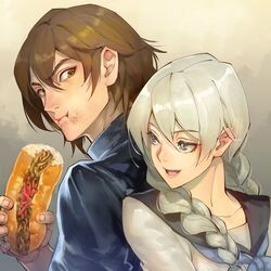  2boys back-to-back blue_shirt braid brown_eyes brown_hair crossdressing eating fingernails food food_on_face full_mouth grey_background grey_eyes grey_hair hair_between_eyes high_collar highres hijiyama_takatoshi juusan_kihei_bouei_ken kin_mokusei male_focus medium_hair multiple_boys neckerchief okino_tsukasa open_mouth otoko_no_ko sailor_collar sandwich shirt talking twin_braids upper_body 