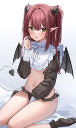  absurdres black_socks black_wings blush commentary cosplay demon_girl demon_horns demon_tail demon_wings female frilled_shirt_collar frills green_eyes highres horns kitagawa_marin long_hair long_sleeves panties red_hair revealing_clothes riko_(rik0ring) rizu-kyun rizu-kyun_(cosplay) sitting socks soles solo sono_bisque_doll_wa_koi_wo_suru swimsuit tail thighs two_side_up underwear wings 