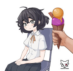  1other ahoge artist_logo artist_name bag black_hair blind blind_girl_(popopoka) blush borrowed_character chair closed_mouth commentary crossed_bangs english_commentary female food freckles grey_eyes hands_on_own_thighs highres holding ice_cream ice_cream_cone lolicon neck_ribbon orange_ribbon original pleated_skirt ribbon shadowfenrir shirt short_hair short_sleeves simple_background sitting skirt solo_focus white_background 