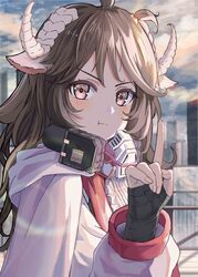  :t absurdres ahoge animal_ears arknights bad_id bad_pixiv_id black_gloves blush brown_hair city closed_mouth cloud cloudy_sky commentary_request day eyjafjalla_(arknights) female fingerless_gloves gloves hand_up highres horns index_finger_raised light_brown_hair long_hair long_sleeves looking_at_viewer meganeno_dokitsui outdoors pout red_eyes sheep_ears sheep_horns sky solo upper_body v-shaped_eyebrows white_horns wispy_bangs 