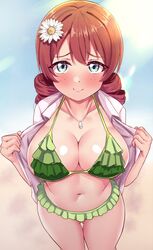  absurdres ass_visible_through_thighs bad_perspective bikini blue_eyes blush breasts cleavage closed_mouth commentary drill_hair drill_sidelocks emma_verde female flower freckles green_bikini hair_flower hair_ornament highres jewelry large_breasts linatai long_hair looking_at_viewer love_live! love_live!_nijigasaki_high_school_idol_club navel necklace paid_reward_available sidelocks smile solo standing swimsuit 