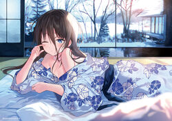  alternate_hairstyle bare_shoulders bare_tree black_hair blue_eyes blue_kimono blush closed_mouth commentary_request female floral_print futon hair_between_eyes hair_down hanekoto imouto_(hanekoto) indoors japanese_clothes kimono long_hair long_sleeves looking_at_viewer lying messy_hair morning off_shoulder on_stomach one_eye_closed original photoshop_(medium) reflection reflective_floor rubbing_eyes solo tears tree waking_up wide_sleeves winter wiping_tears 