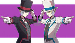  2boys absurdres black_headwear blue_ribbon brothers buttons collared_shirt commentary_request emmet_(pokemon) emmet_(special_costume)_(pokemon) gloves grey_eyes grey_hair grey_vest hand_on_headwear hat highres ingo_(pokemon) ingo_(special_costume)_(pokemon) long_sideburns male_focus monocle mugiccha2 multiple_boys neck_ribbon official_alternate_costume pointing pokemon pokemon_masters_ex purple_background red_ribbon ribbon shirt short_hair siblings sideburns tailcoat top_hat vest white_gloves white_shirt 