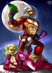  2023 absurd_res anthro avian bear bird breasts chica_(fnaf) chicken cleavage clothed clothing duo exposed_chest female five_nights_at_freddy&#039;s freddy_(fnaf) freddy_in_space_2 galliform gallus_(genus) hi_res iamespecter laser_gun male male/female mammal moon muscular muscular_male phasianid ranged_weapon scottgames space space_chica_(fnaf) tight_clothing torn_clothing weapon 