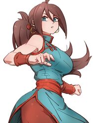  alternate_color alternate_costume android_21 blue_eyes brown_hair chi-chi_(dragon_ball) chi-chi_(dragon_ball)_(cosplay) chinese_clothes commentary_request cosplay dragon_ball dragon_ball_(classic) dragon_ball_fighterz earrings female hair_between_eyes hoop_earrings jewelry kemachiku long_hair looking_at_viewer ponytail simple_background solo white_background 