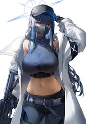  armband assault_rifle bare_shoulders baseball_cap belt black_belt black_gloves black_hair black_hat black_mask black_pants black_shirt blue_archive blue_eyes blue_hair breasts coat commentary crop_top dasha female gloves gun halo hand_on_headwear hand_up hat highres holding holding_gun holding_weapon jacket large_breasts long_hair looking_at_viewer mask midriff mouth_mask navel off_shoulder pants revision rifle saori_(blue_archive) shirt sidelocks sig_516 sig_sauer sleeveless sleeveless_shirt solo stomach weapon white_background white_coat white_jacket 