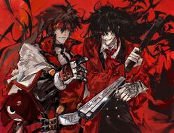  3boys alucard_(hellsing) armor belt black_hair brown_hair coat fingerless_gloves fireseal found_modori garrote giroro gloves guilty_gear guilty_gear_xx headband hellsing highres keroro_gunsou long_hair looking_at_viewer male_focus multiple_boys muscular muscular_male nakata_jouji order-sol overcoat ponytail simple_background smile sol_badguy spiked_hair sword vampire voice_actor_connection weapon 