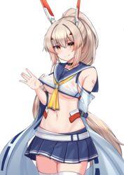  absurdres arm_behind_back ayanami_(azur_lane) ayanami_(retrofit)_(azur_lane) azur_lane bad_id bad_pixiv_id bandaid bandaid_on_arm bandaids_on_nipples bare_shoulders belt black_choker blue_sailor_collar blue_skirt blush breasts choker collarbone commentary commission cowboy_shot crop_top detached_sleeves english_commentary female groin hair_between_eyes hair_intakes hair_ornament headgear high_ponytail highres kanta_(kanta_077) long_hair looking_at_viewer midriff miniskirt navel neckerchief ocean orange_eyes pasties platinum_blonde_hair pleated_skirt ponytail sailor_collar school_uniform see-through shirt shirt_tug sidelocks skirt sleeveless sleeveless_shirt smile solo standing thighhighs transparent_background underboob very_long_hair white_belt white_shirt white_sleeves white_thighhighs wide_sleeves yellow_neckerchief zettai_ryouiki 